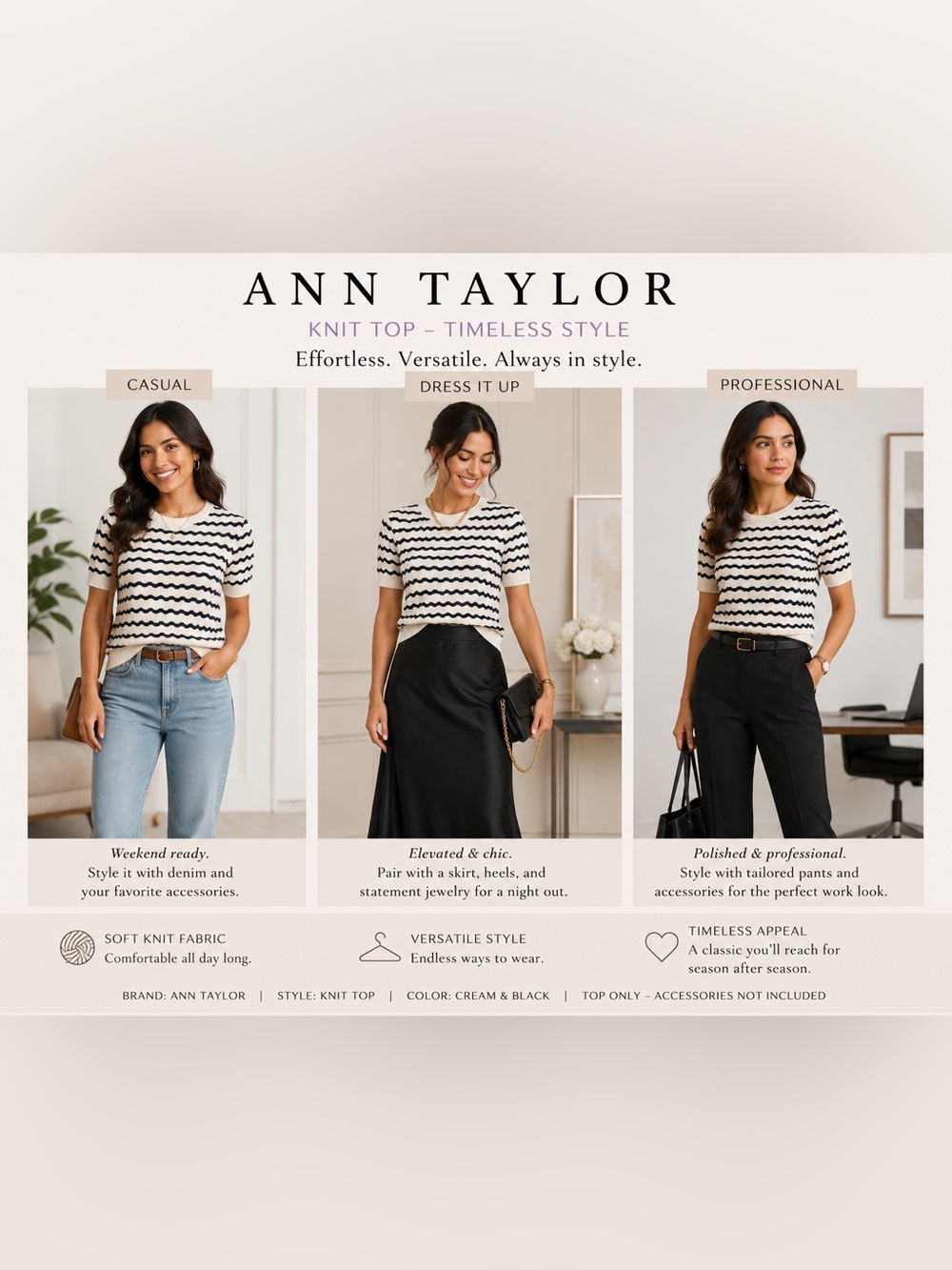 Ann Taylor Cream and Black Wave-Striped Knit Top